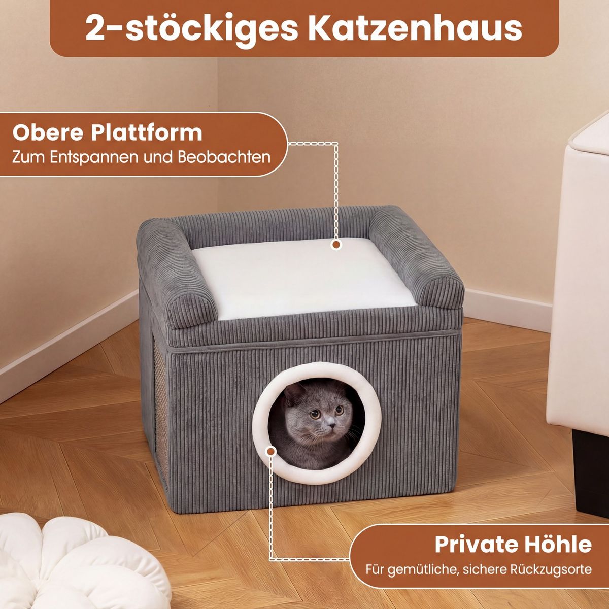 Coast Opvouwbaar Kattenhuis - met sisal krabmat - zacht kussen en verhoogde randen - grijs