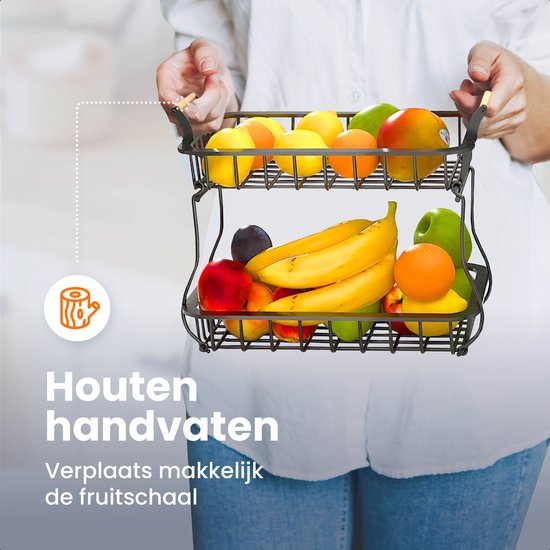 Posity Fruitschaal 2 Laags - Fruitmand - Fruit Etagere - Groentemand - Draadmand - Fruitrek - Hout & Metaal - Zwart