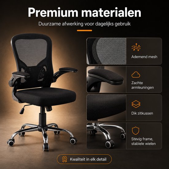 Infinity Goods Ergonomische Bureaustoel - Office Chair - 4D Lendensteun & Mesh - Opklapbare Armleuningen - Tot 150kg - NEN-EN1335 - Zwart