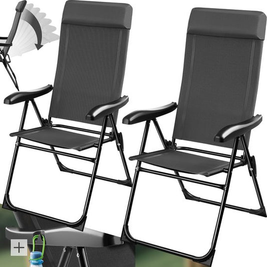 tectake® Campingstoel - Inklapbaar - 7-voudig verstelbare rugleuning - Tuinstoel - Relaxstoel met ligstand - Staal met aluminium frame - Set van 2 - Antraciet