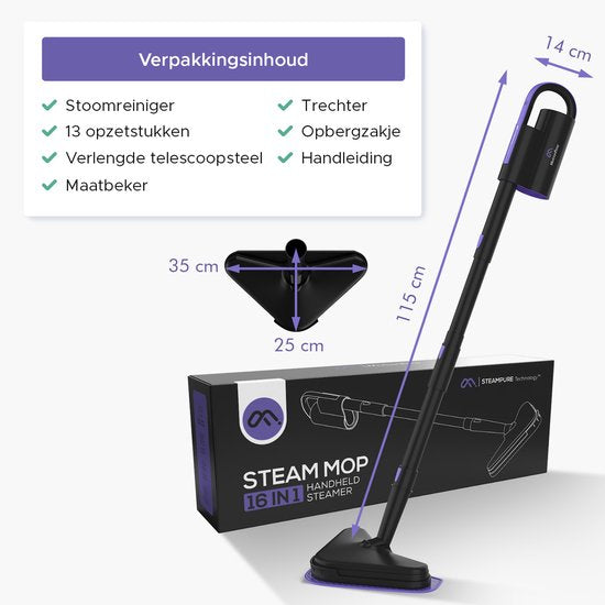 Motionflow 16-in-1 Stoomreiniger - Vlekkenreiniger - Handstomer voor diepte reiniging vloer, bank, badkamer en tapijt - Stoomdweil - Tapijtreiniger - Steam Cleaner Zwart