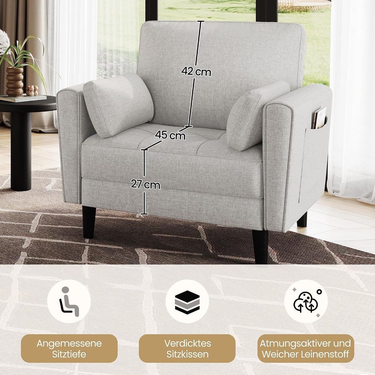 Yaheetech Loveseat Linnen Bank - Grijsbeige - 102,5 x 75 x 85,5 cm - Met 2 Kussens en Zijzakken