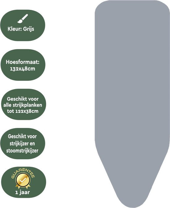 BRASQ Strijkplankhoes IBC Strijkplankovertrek Grijs - Complete Set - 122 x 38 CM - Hoogwaardig Katoen - Universeel