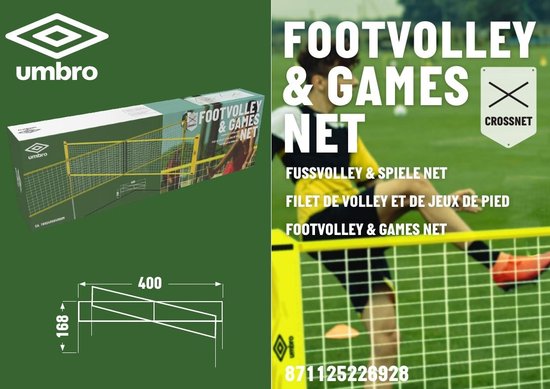 Umbro Sportnet - Spelletjes Set - 168 x 400 CM - 4 Vakken - Volleybalnet - Badminton - Voetvolley - Crossnet - Zwart/Geel