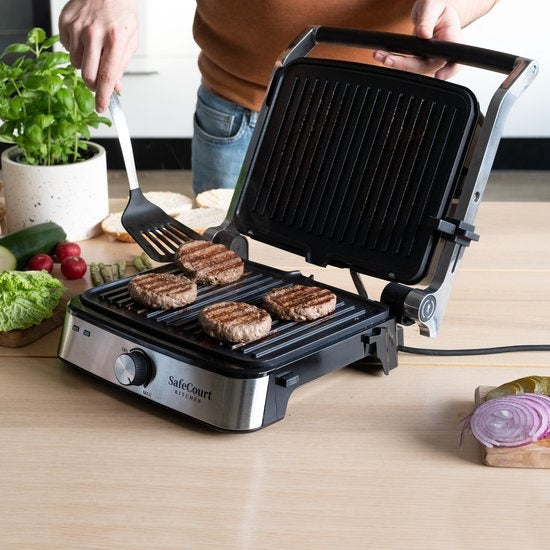 Safecourt Kitchen Contactgrill - CG200 - Compact - Uitneembare Platen - PFAS-vrij - Zilver