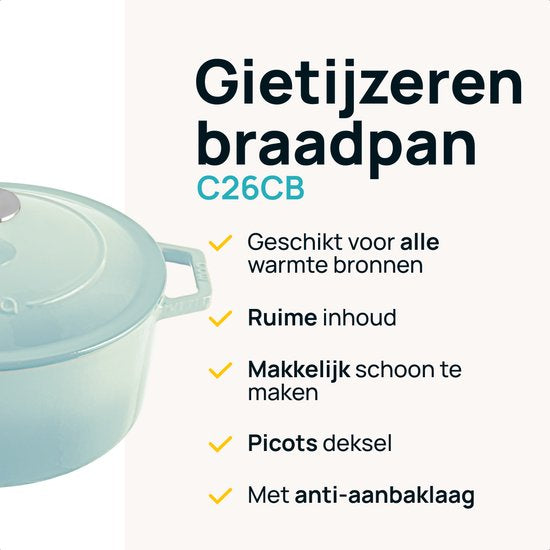 MOA Gietijzeren Braadpan - 5,7L - Voor Alle Warmtebronnen incl. Inductie - Met Deksel - Ø 26cm - Anti-Aanbaklaag - Lichtblauw