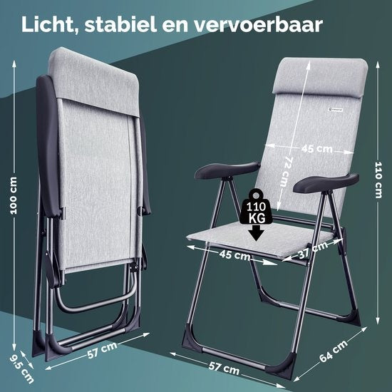 Casaria Tuinstoel 2St. - Opvouwbaar 7 x Verstelbaar – Grijs/Gemeleerd