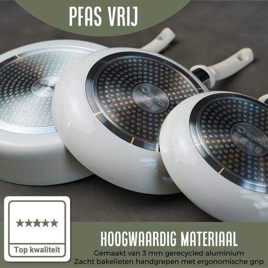 COOCK 19-Delige Pannenset Inductie - Speciale Anti-Aanbak Coating - Ergonomische Koudgrepen - Gerecycled Aluminium - koekenpannenset - kookpottenset - Wit - Inclusief Onderzetters en E-book