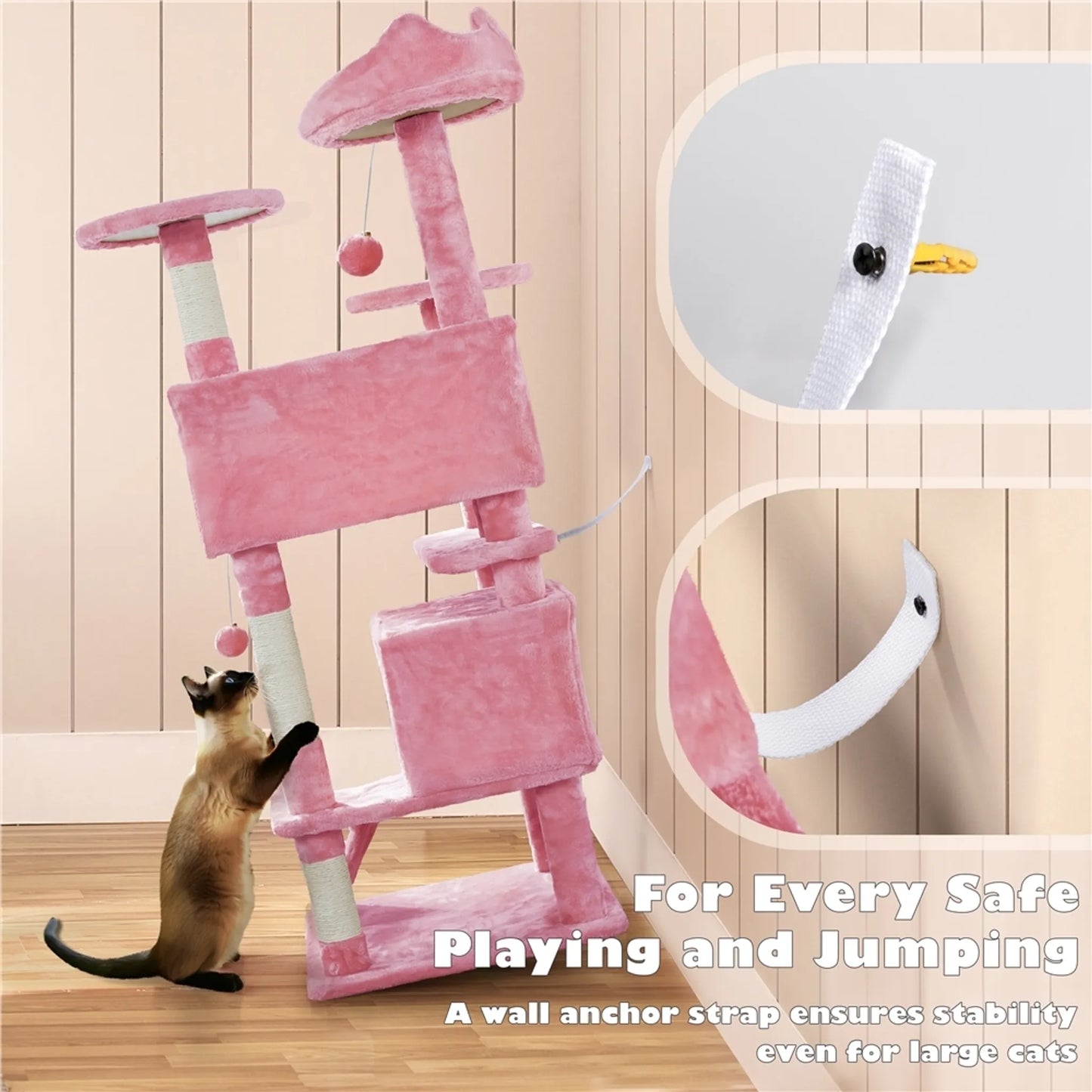 Yaheetech Krabpaal Met 3 Uitkijkplatforms – Voorzien Van 2 Kattenmanden En Sisalpalen En Speelbal Met Belletje – Voor Huishoudens Met Meerdere Katten – Roze Pluche En E1 Spaanplaat – 49 x 49 x 139 cm