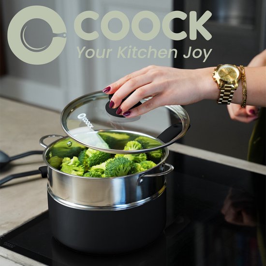 COOCK 19-Delige Pannenset Inductie - Zwart - Inclusief Onderzetters en E-book