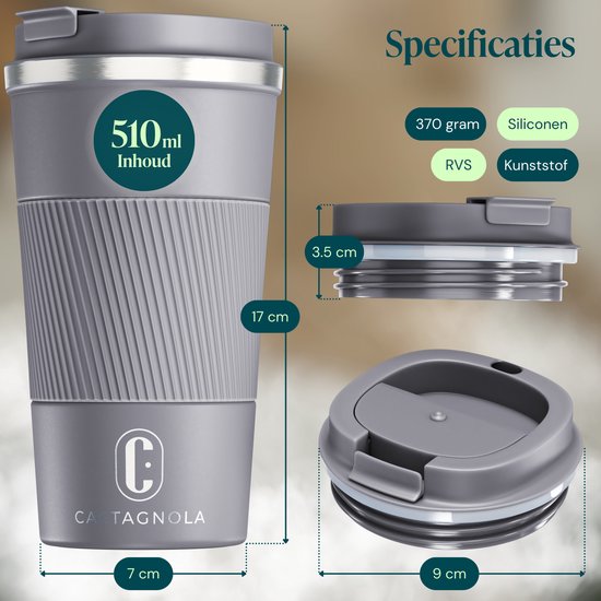 Castagnola Thermosbeker - Koffiebeker To Go - Travel Mug voor Koffie en Thee - Theebeker - 510 ML - RVS - Grijs