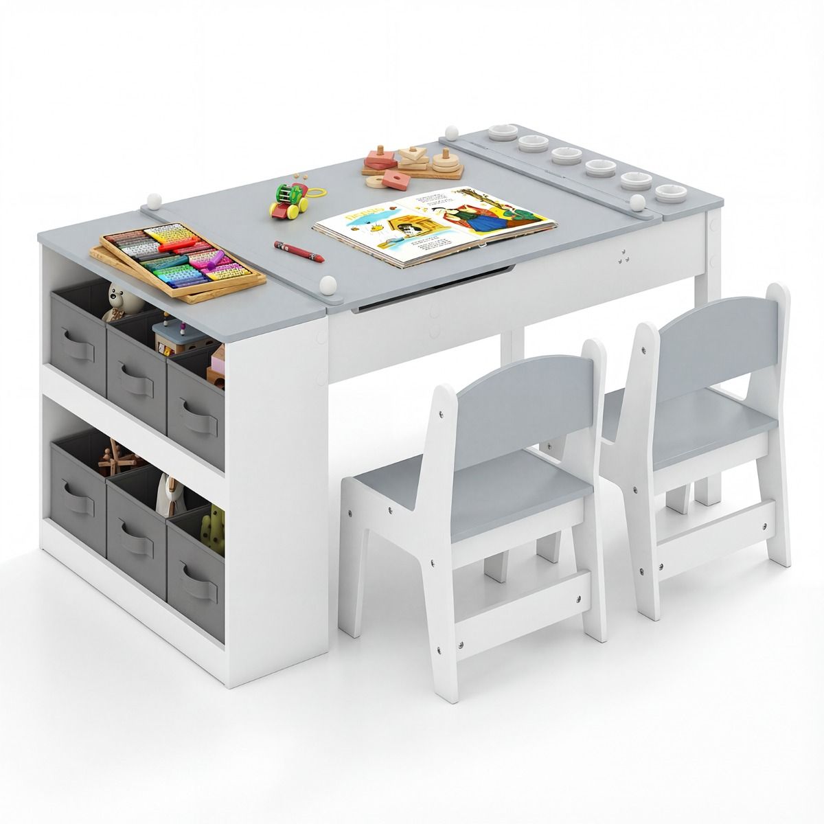 Coast Kindertafel en Stoelenset - 2-in-1 tekentafel met opbergruimte en papierrol - grijs