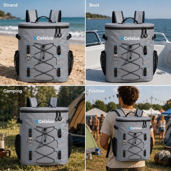 XCelsius® Koeltas Rugzak 20 Liter – Koelrugzak met 2 Koelelementen en Flessenopener – Minstens 24 Uur Koel – 100% Waterdicht – Koelrugtas voor Strand, Festival, Boot en Camping – Grijs