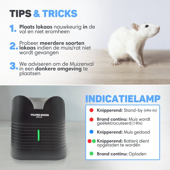 Vulpes Goods® Verjager - Elektrische Muizenval Pro – Effectieve Muizenval voor Binnen - Draadloos & Oplaadbaar - Veilig, Hygiënisch & Duurzaam – Ook geschikt als Elektrische Rattenval