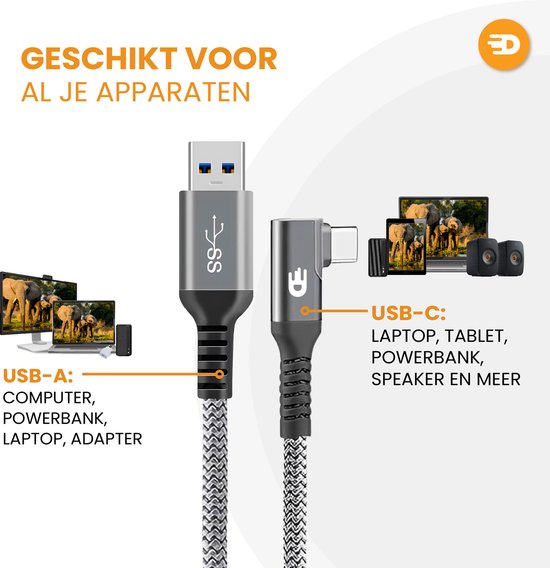 Drivv. USB naar USB C Kabel - Haaks - 2024 Model - USB C Data en oplaadkabel - Fast Charge / Snellader - 1.5 Meter Kort - Geschikt voor Samsung, iPhone 15 en Meer - Grijs