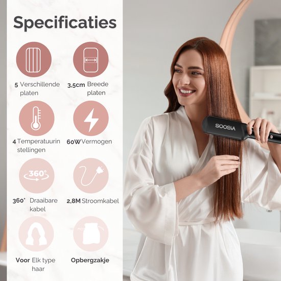 Soosia 5-in-1 Switch Styler – Stijltang, wafeltang, Golftang & Krultang – 3,5 cm Keramische Platen – Rosegoud