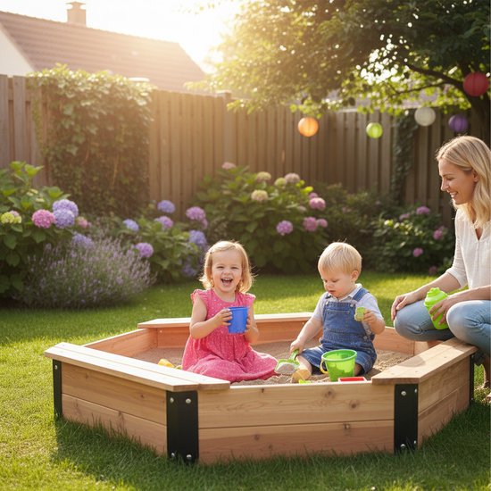 AXI Onno XL Zandbak 150 x 150 x 23 cm in Bruin/antraciet – Met Zitbankjes – Met Hoes – FSC 100% Cederhout – Grote zandbak voor kinderen