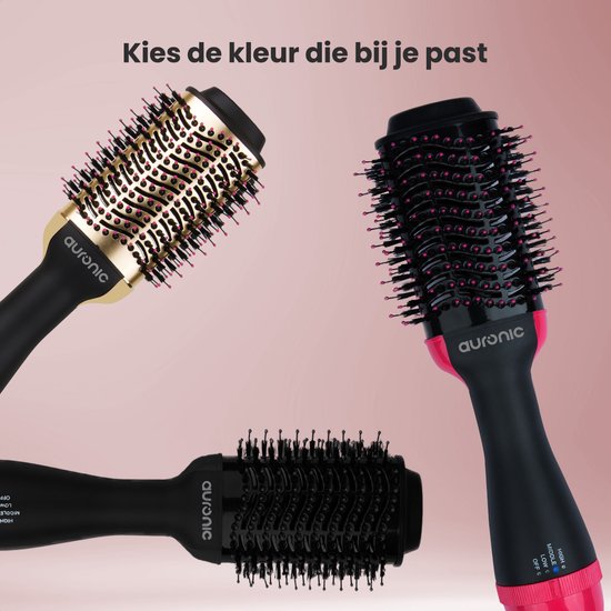 Auronic 3-in-1 Föhnborstel voor Extra Volume, Stijlen en Krullen - Airstyler - Krulborstel - Keramische Magic Brush - 1000W - Ø 45 mm - Zwart/Roze