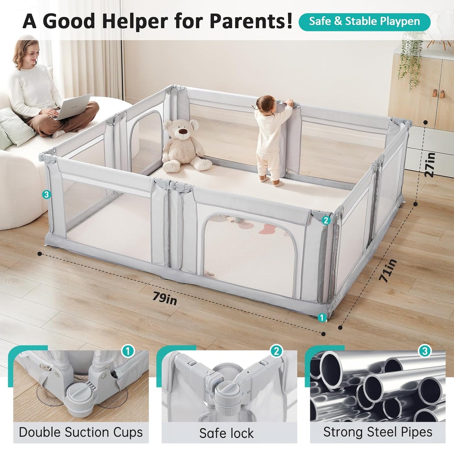 Dora Dotey Babybox Lichtgrijs - 8 Panelen - 200 x 180 x 69 cm - Opvouwbaar