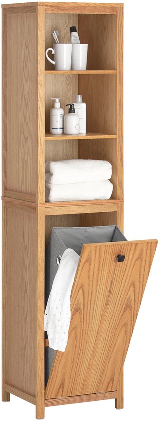 SoBuy BZR95-N Badkamerkast - Wood Composite Hoge Kast met Planken & Wasmand - 172 x 40 x 35 cm -Houtkleur