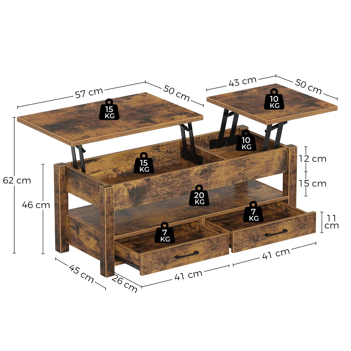 Rolanstar Salontafel in Hoogte Verstelbaar - Donkerbruin - 100 x 50 x 48 cm - Met Laden, Opbergruimte