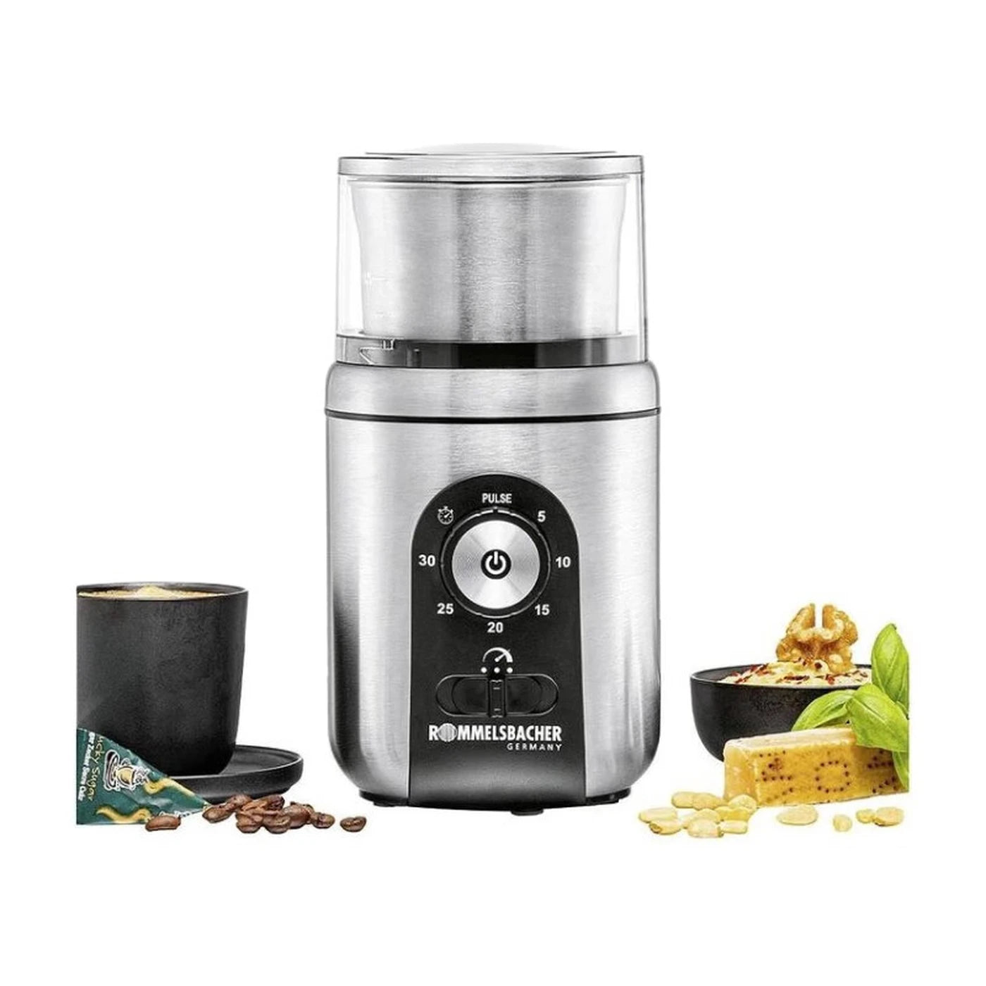 Rommelsbacher Koffie- & Kruidenmolen EGK 250 - Roestvrij Staal - 200 W - 2 Maalbekers - Pulsefunctie - 10,5 x 11,5 x 20,2 cm