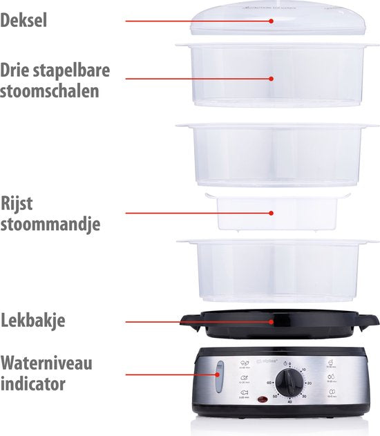 alpina Stoomkoker 9L - Stomer 800W - Voedselstomer met Timer en Warmhoudfunctie - Groente Stomer met 3 Lagen - Steamer voor Groente, Rijst, Kip, Fruit, Vis en Eieren - RVS