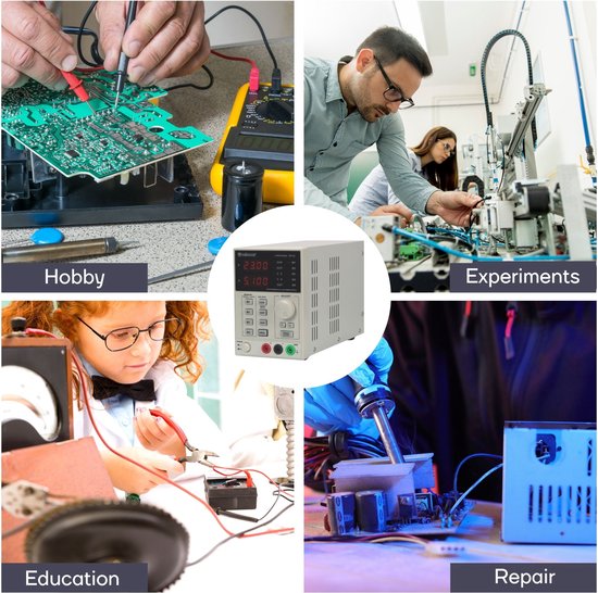Velleman Laboratoriumvoeding, programmeerbaar via PC, regelbaar, 0-30 VDC/5 A, stroombegrenzing, bescherming tegen kortsluiting, twee 4-cijferige led-schermen, USB-aansluiting