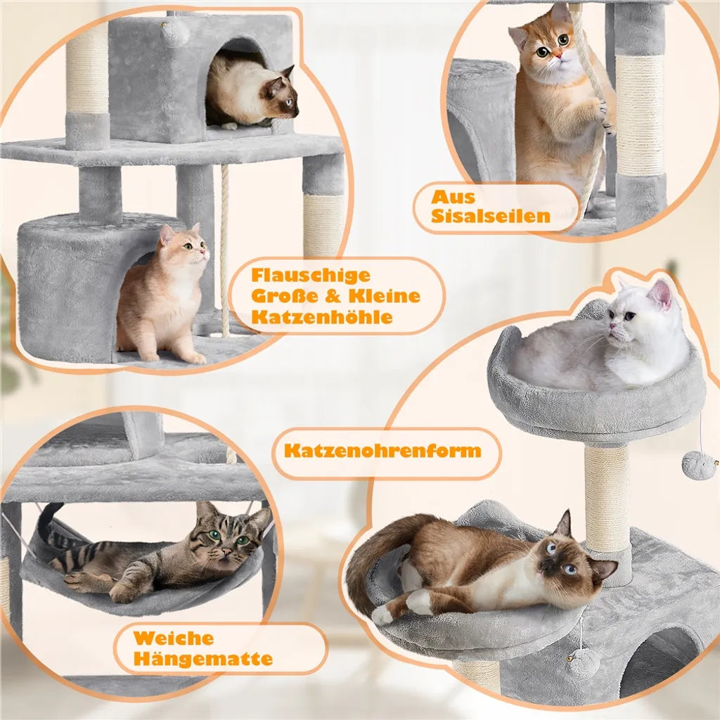 Yaheetech Krabpaal 158 cm - Lichtgrijs - Kattenboom met 2 Kattengrotten, Hangmat en Sisalpalen