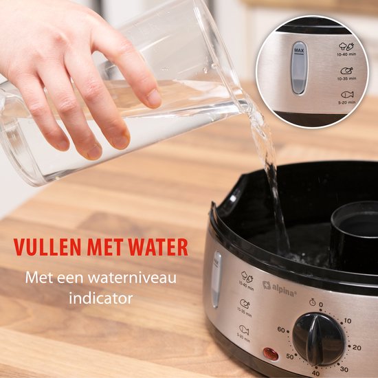 alpina Stoomkoker 9L - Stomer 800W - Voedselstomer met Timer en Warmhoudfunctie - Groente Stomer met 3 Lagen - Steamer voor Groente, Rijst, Kip, Fruit, Vis en Eieren - RVS