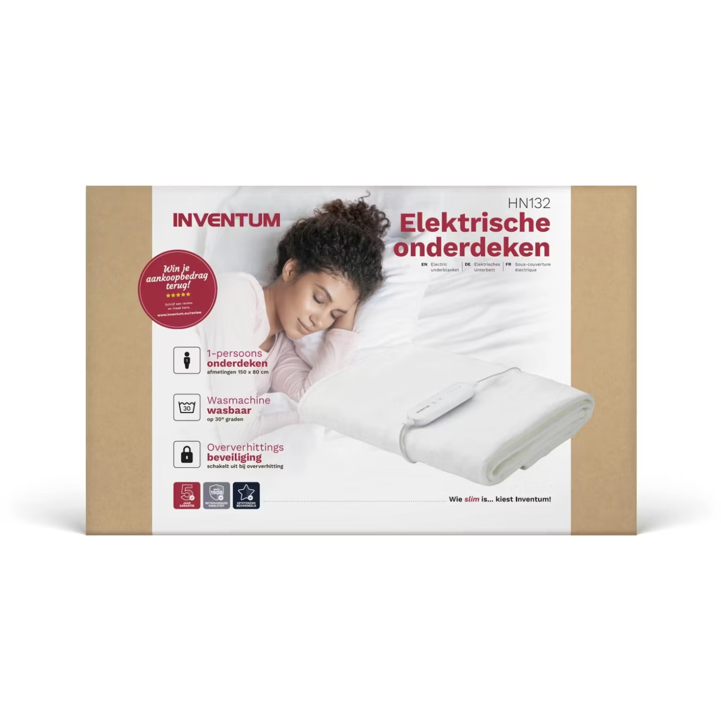 Inventum Elektrisch Onderdeken HN132 150 x 80 cm Fleece Wit – 4 Warmtestanden met Timer