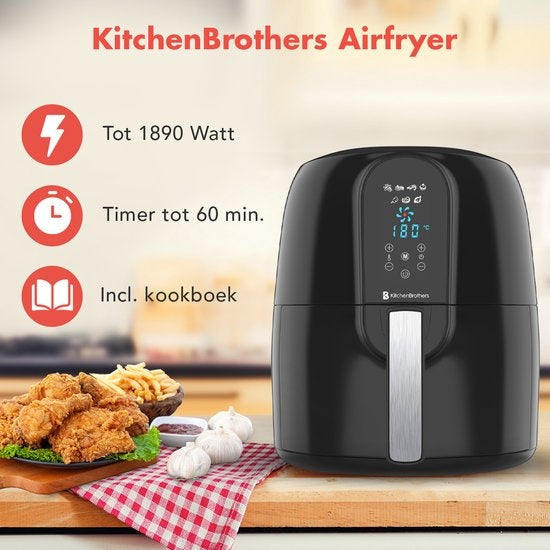 KitchenBrothers Airfryer XXL – 7,2L Inhoud & 7 Voorinstellingen – 1890W – 39 x 33,5 x 36,7 cm – Zwart