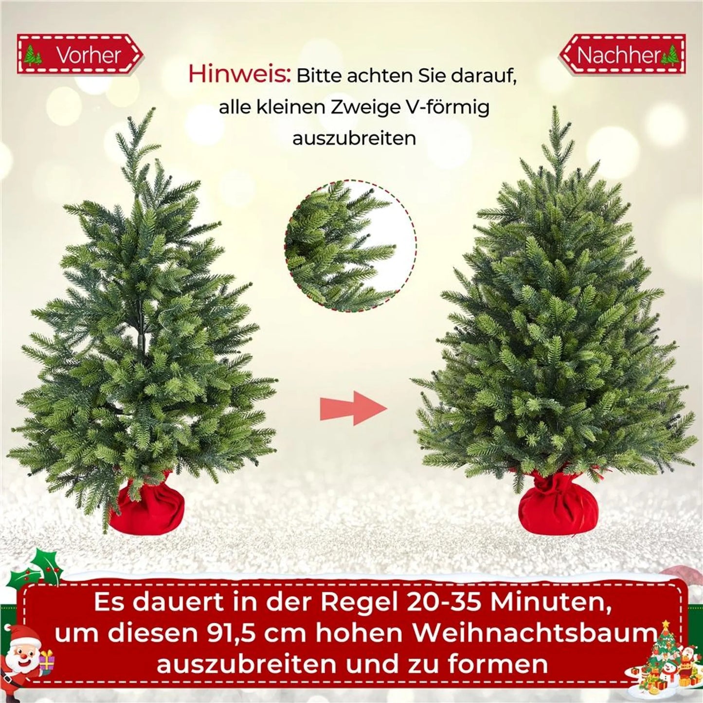 Yaheetech Kunstkerstboom Inclusief 50 Gekleurde Led-verlichting – Voorzien Van 143 Takpunten En 8 Lichtmodi En Cementen Basis – Voor Vensterbank En Tafel – Groen Pvc En Beton – 58 x 58 x 91,5 cm