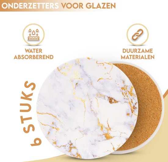 Castagnola Keramische Onderzetters met Houder – Onderzetters voor Glazen – Onderzetters Design – Onderzettersset – Drink Onderzetters – Keramisch – Kurk – Set van 6 – Wit/Goud