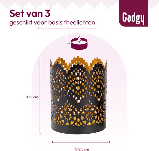 Gadgy Waxinelichthouder Rond - Theelichthouders Set van 3- Decoratie Woonkamer - Sfeerverlichting Binnen - Kaarsenhouders voor Waxinelichten 8.5x10.5 cm - Windlicht Metaal - Zwart/Goud - Cadeau voor Vrouw - Kantpatroon