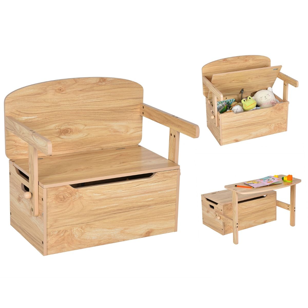 3 in 1 Kinderen Activiteitentafel met Bankje & Opbergbox – 60 x 56,5 x 43,5 cm – Natuurlijk