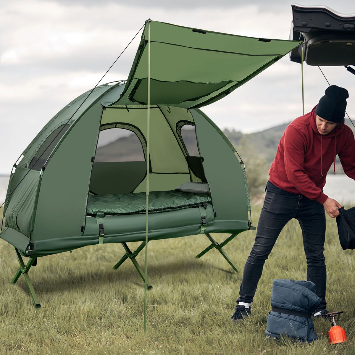 Coast Veldbed met Tent - 5-in-1 Kampeerset - Luchtmatras, Slaapzak en Kussen - Groen - 194 x 87 x 167 cm