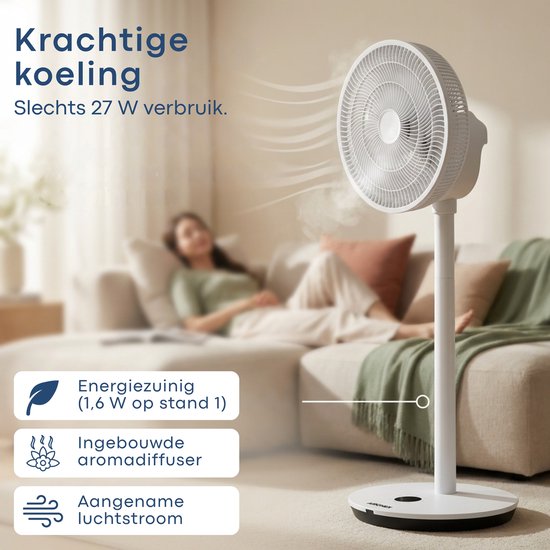 Aironex Ventilator - Stille Statiefventilator met 26 snelheden - App bediening - Laag verbruik - Wit - Met Aromafunctie en Wifi - Timer en Nachtmodus - In hoogte verstelbaar - Horizontale + Verticale oscillatie