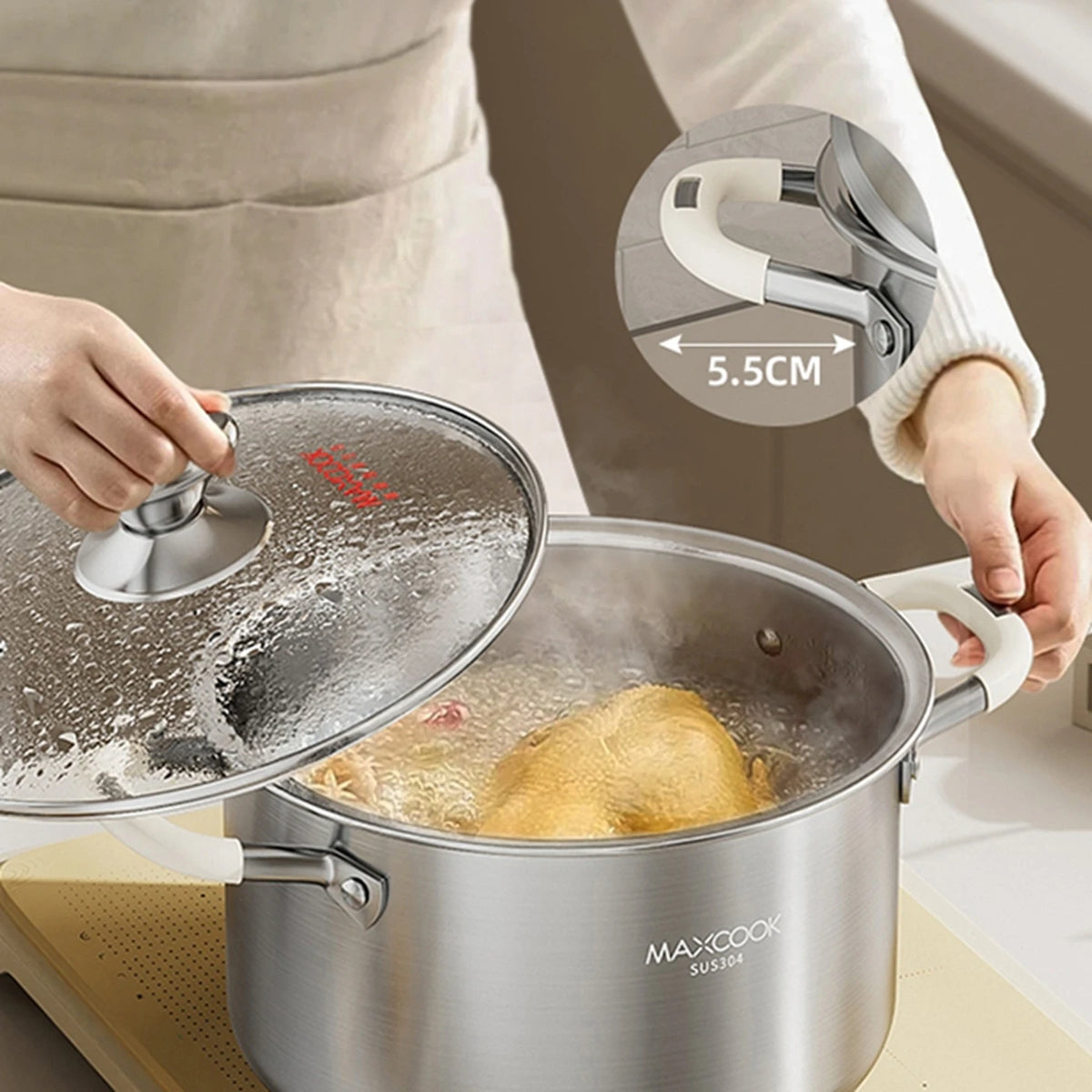 MAXCOOK Soeppan Ø22 cm - 4,3 Liter - RVS 304 - Geschikt voor Inductie - Glazen Deksel - Siliconen Handgrepen
