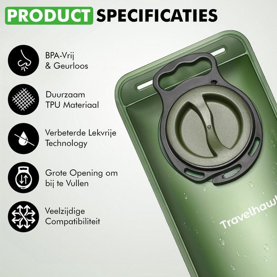 Travelhawk Waterzak - Drinkzak - Geschikt voor Camelbak Drinkrugzak - Waterzak Festival - BPA Vrij - 2 Liter - Groen