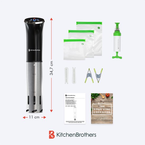 KitchenBrothers Sous Vide Stick – Incl. Accessoires – 1200 W – 11 x 7,5 x 34,7 cm – Zwart/RVS