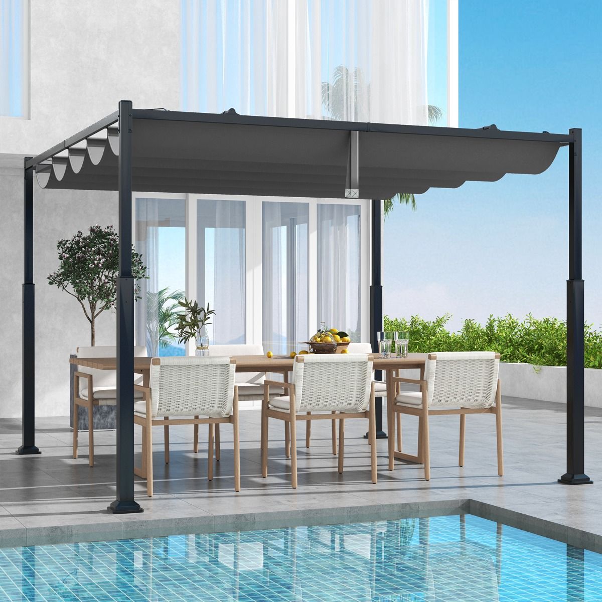 Coast Buitenpergola - uitschuifbare luifel - zware metalen kolommen - grijs en zwart - 310 x 310 cm