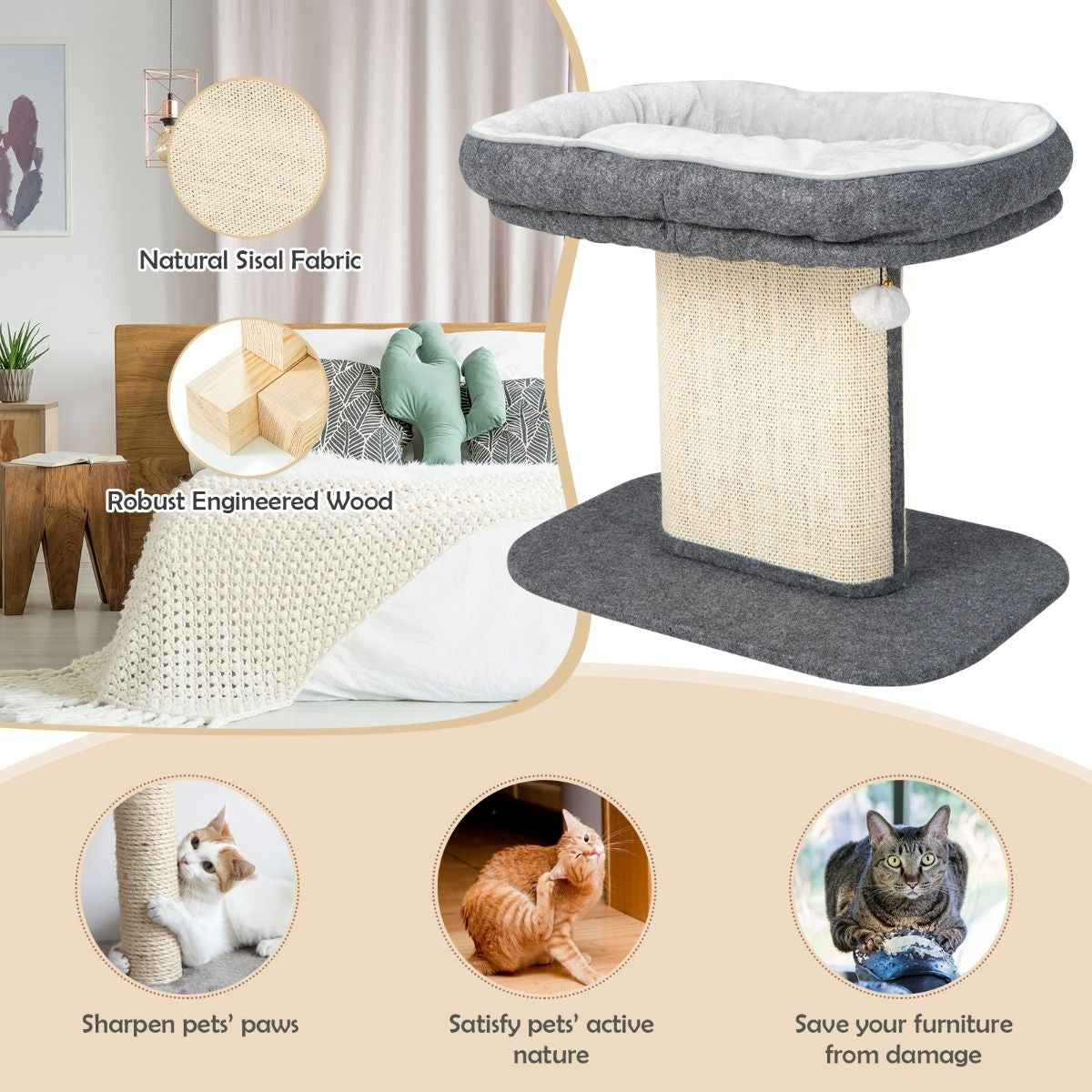 Coast Modern Scratch Tree Cat Furniture met grote pluche stoel en sisal krasplaat grijs