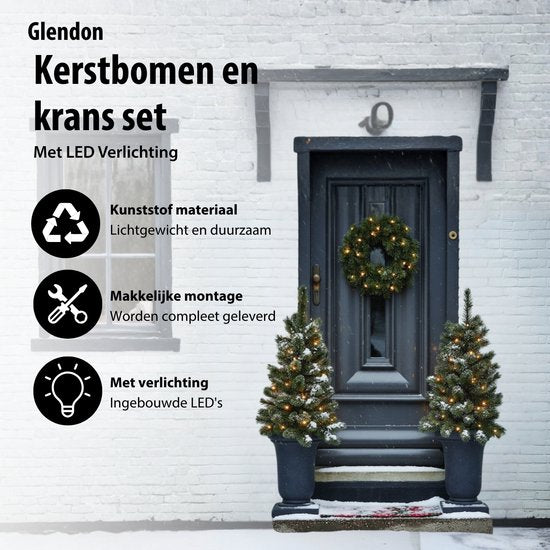 Black Box Trees Glendon Kerstboom en Kerstkrans Set - 2 Kunstkerstbomen en 1 Krans met LED Verlichting - Groen