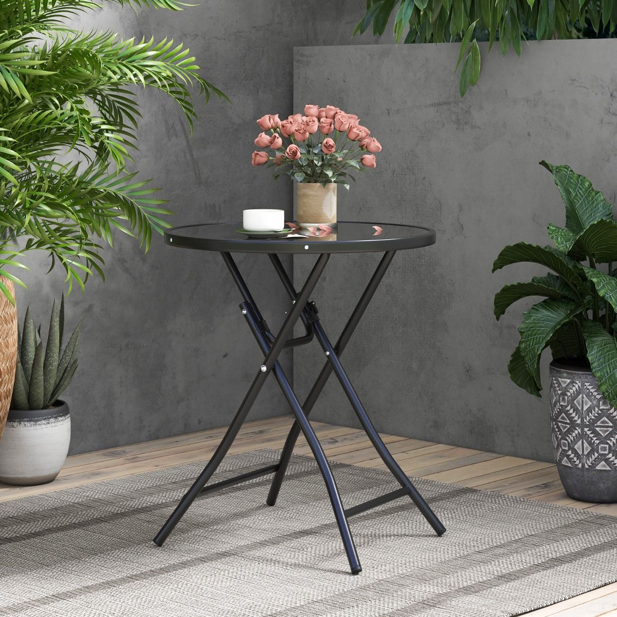 Coast Ronde Opvouwbare Bistrotafel – Ø59 cm Zwart – Gehard Glas – Metaal – Voor Binnen & Buiten