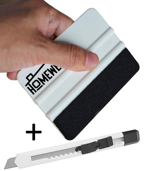 Homewell® Rakel met vilt en folie mes - Rubberen Squeegee (Toolset voor raamfolie, carwrap, plakfolie, keuken wrappen) 10x7,5cm