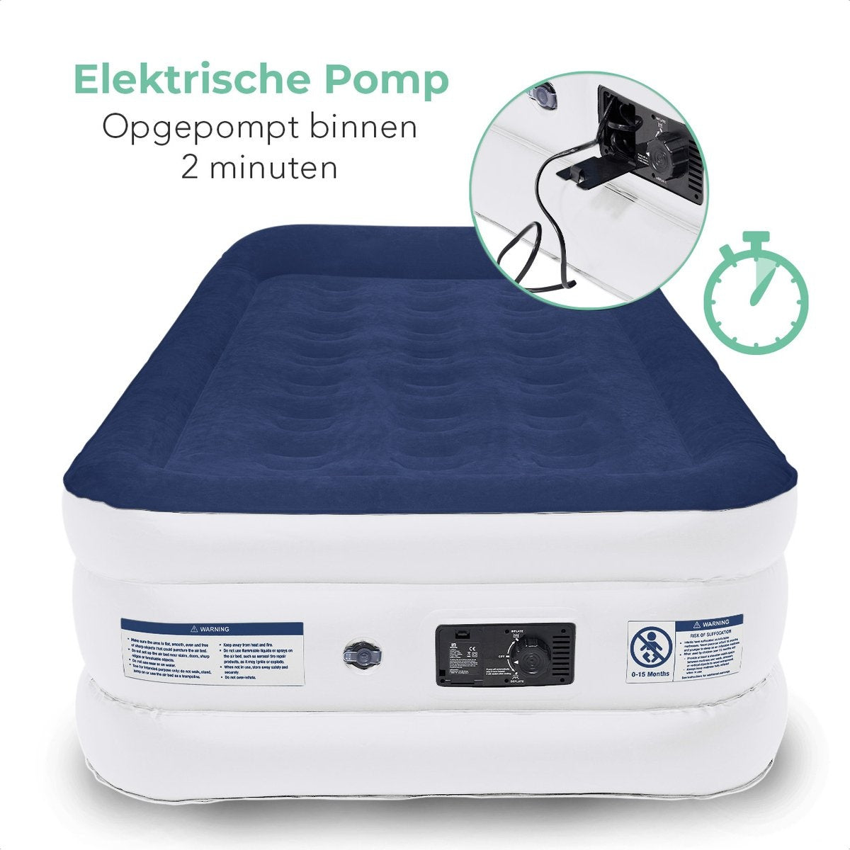 LifeGoods Luchtbed - 1 Persoons - met Ingebouwde Pomp - Incl. Draagtas en Reparatiekit - Wit/Blauw