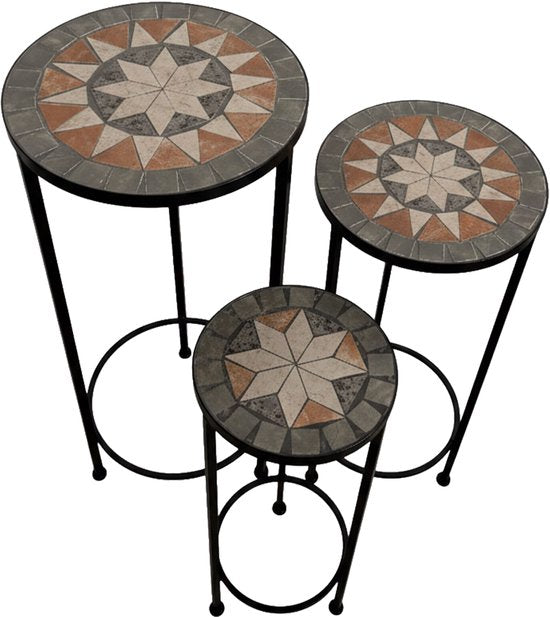 AXI Lola Mozaïek Plantentafel Rond Ster Grijs/bruin - Set 3 stuks – Bijzettafels - Diverse Afmetingen - Mozaïeklook – Ingelegd met keramische tegels – Voor binnen, tuin, terras en balkon
