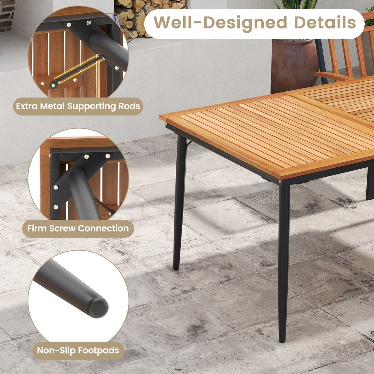 Coast tuintafel voor 8 personen - acaciahout met metalen poten - parasolgat 5 cm - naturel en zwart - 200 x 90 cm