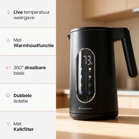 HomeShift® Waterkoker met Temperatuurregeling - Warmhoudfunctie - Dubbelwandig - Elektrisch - 1,7 Liter - 2200W - Zwart